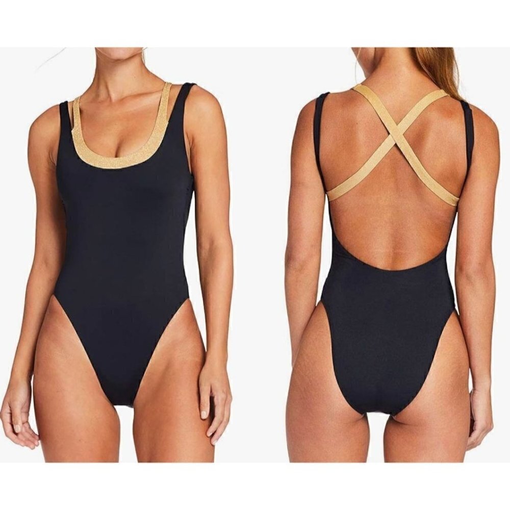 NWT Vitamin A Size S Stardust Layered One Piece Swimsuit Black Gold MSRP $190